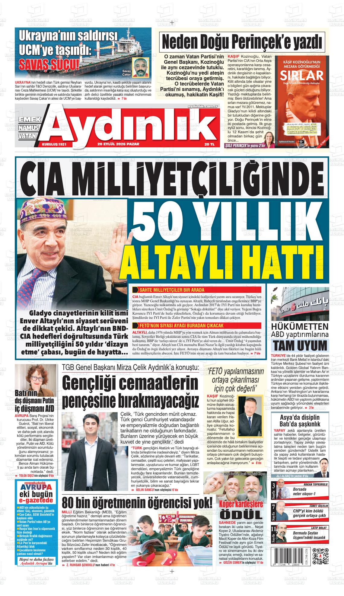 Aydınlık gazetesi ilk sayfası