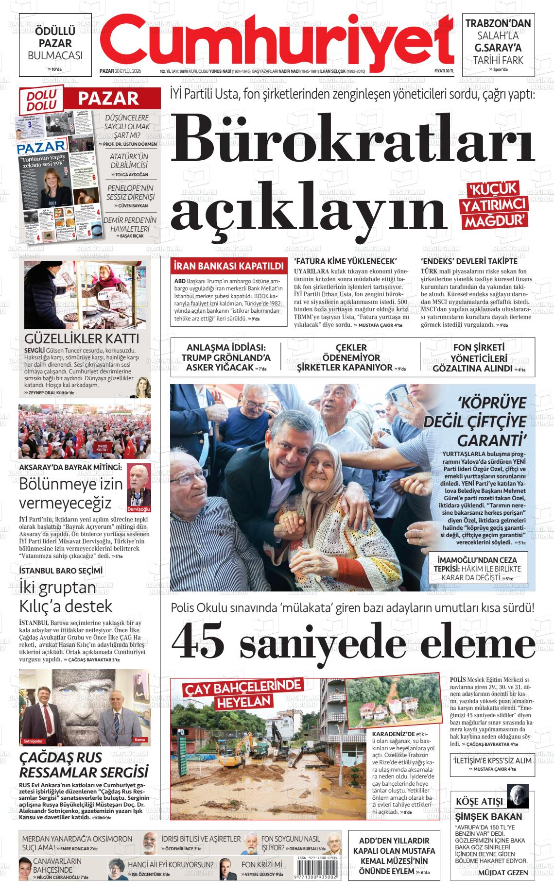 Cumhuriyet gazetesi ilk sayfası