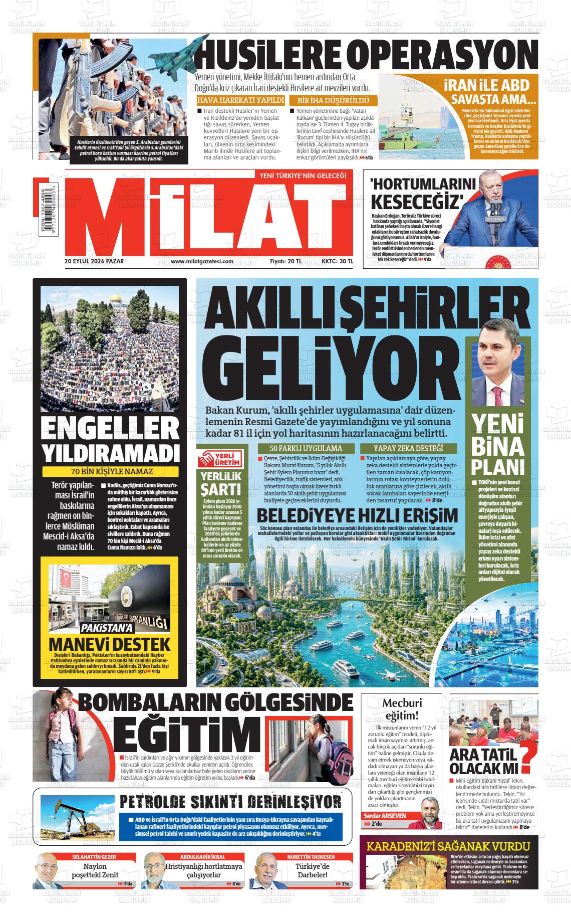 Milat gazetesi ilk sayfası