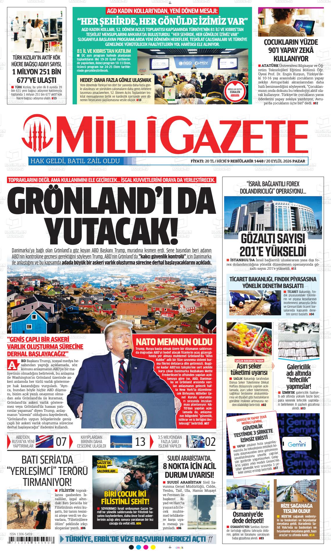 Milli Gazete gazetesi ilk sayfası