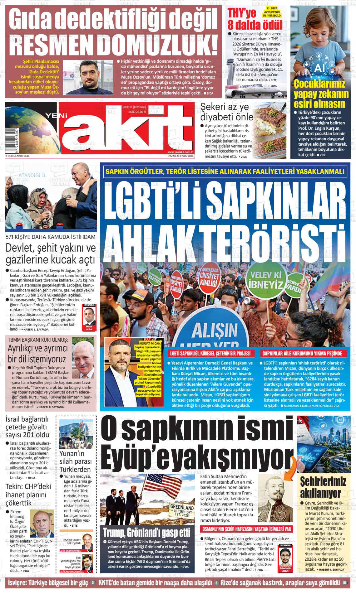 Yeni Akit gazetesi ilk sayfası
