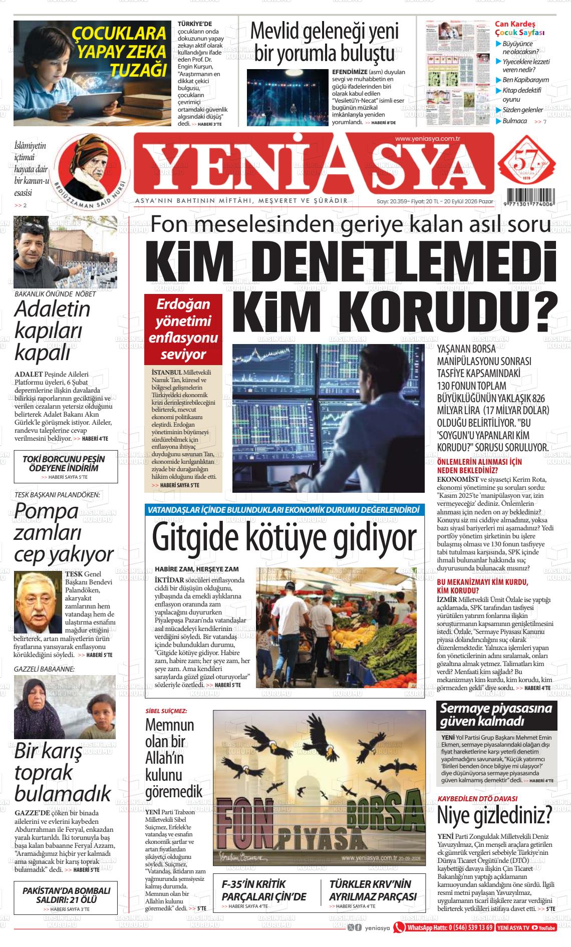 Yeni Asya gazetesi ilk sayfası