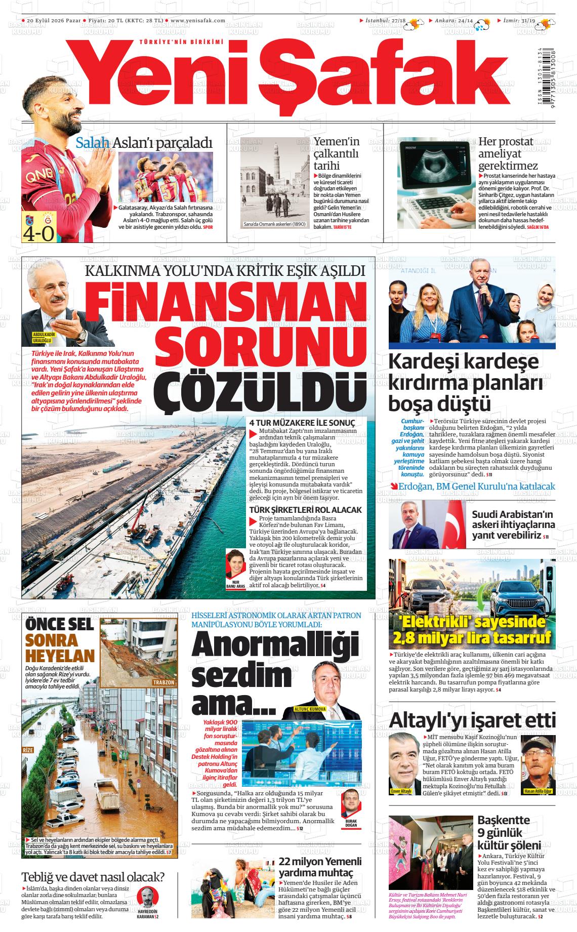 Yeni Şafak gazetesi ilk sayfası