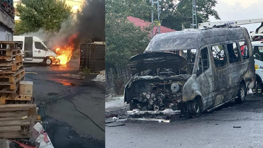 Ümraniye'de servis minibüsü alev alev yandı