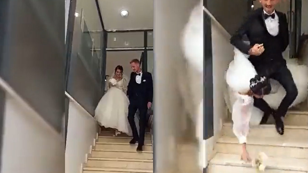 Gelin ve damadın düşme anı kameraya yansıdı