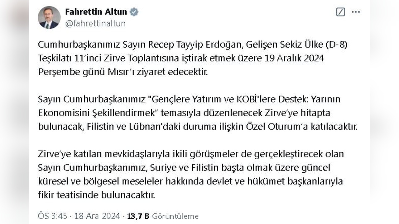 Erdoğan'ın Mısır Ziyareti Yaklaşıyor