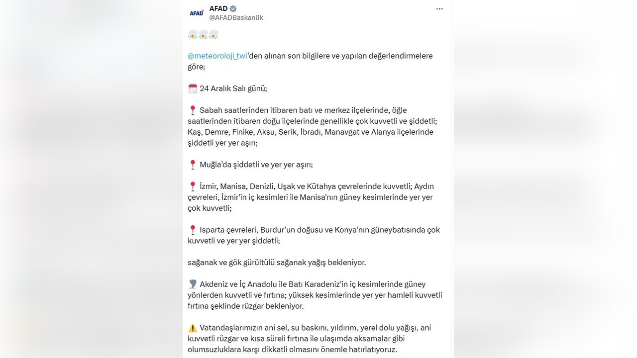AFAD, Sağanak Yağış ve Fırtına İçin Uyardı