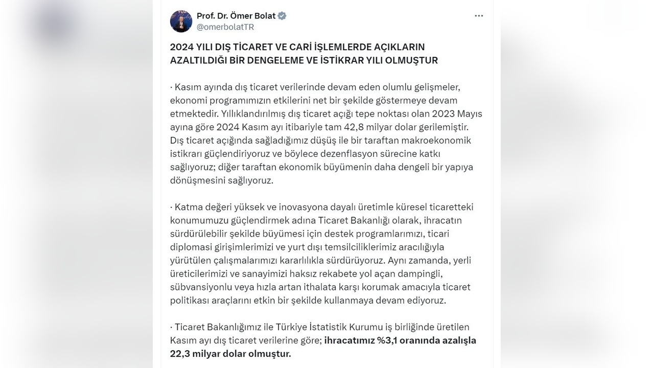 Bakan Bolat'tan 2024 Vurgusu: Dengeleme ve İstikrar Yılı