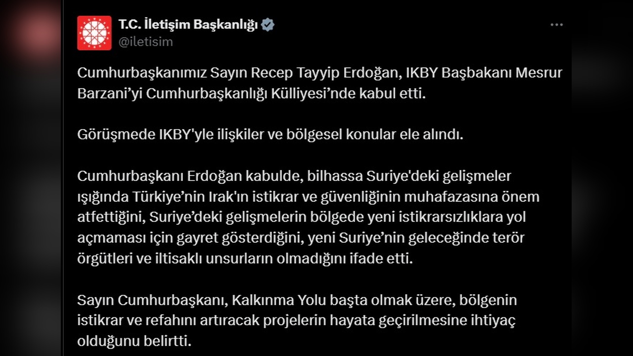 Cumhurbaşkanı Erdoğan, IKBY Başbakanı Barzani ile Görüşme Gerçekleştirdi