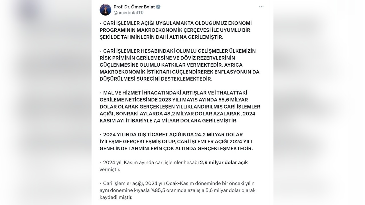 Cari İşlemler Açığında Düşüş: Bakan Bolat Açıklama Yaptı