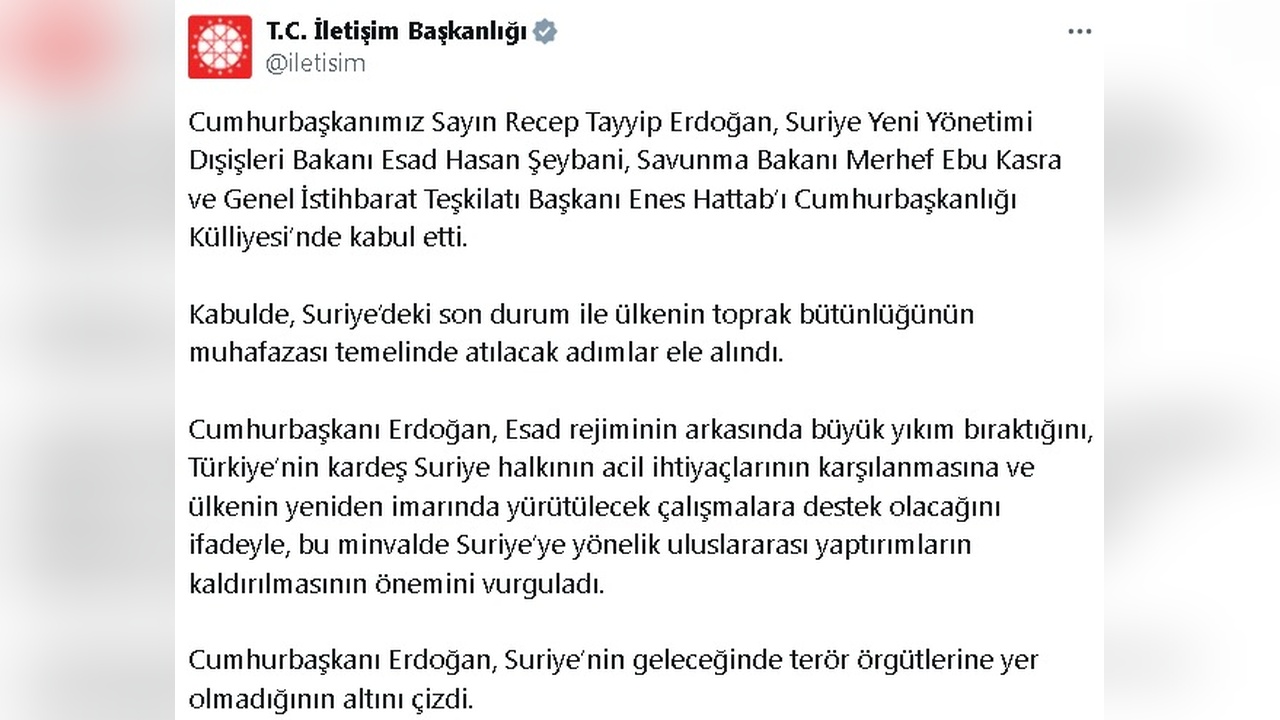 Cumhurbaşkanı Erdoğan, Suriye Dışişleri Bakanı Şeybani ile Görüştü
