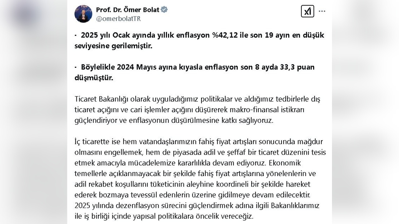 Bakan Bolat, Enflasyonun Düşüş Trendinin Süreceğini Açıkladı