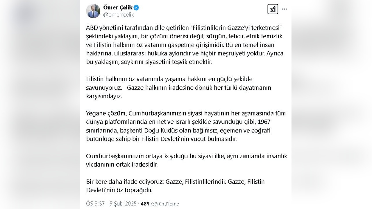 Çelik'ten ABD'nin Filistin Politikalarına Sert Tepki