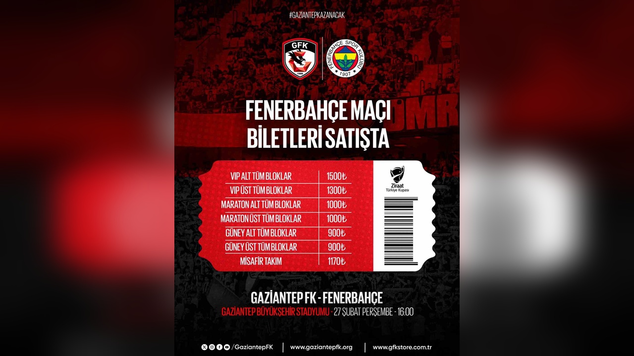 Gaziantep FK ve Fenerbahçe Maçının Biletleri Satışa Sunuldu