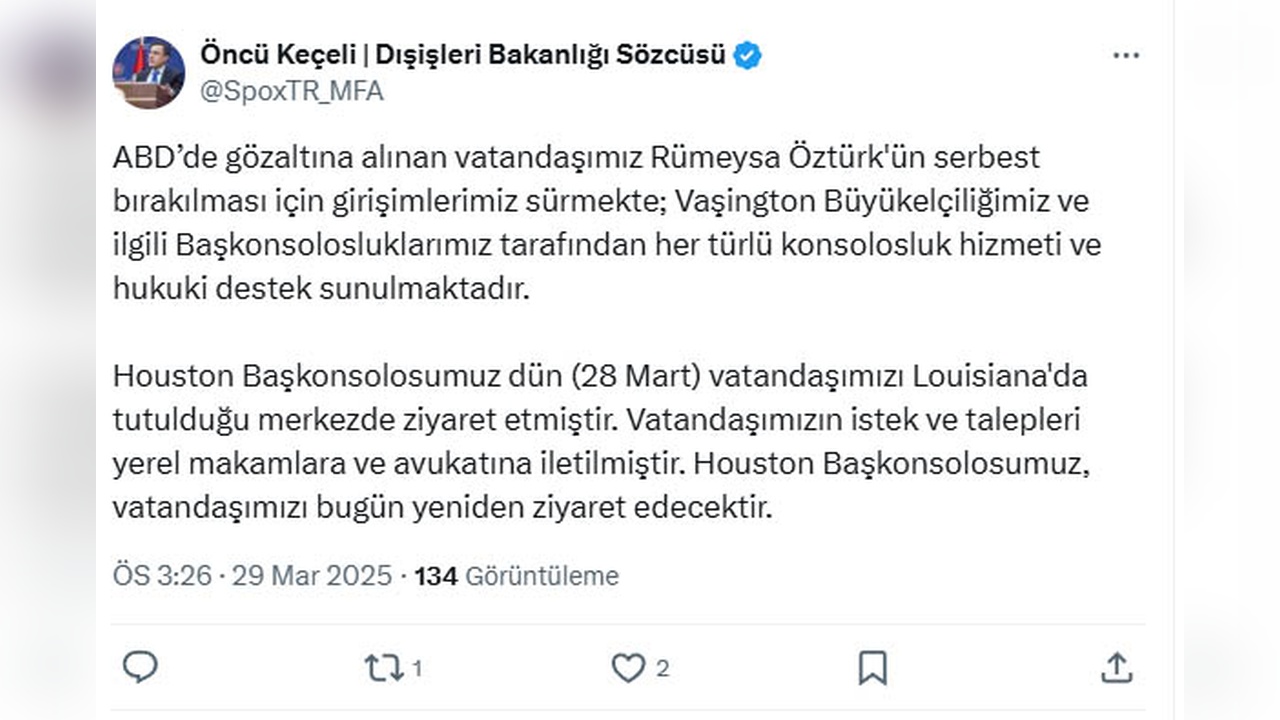 Dışişleri Bakanlığı, Rümeysa Öztürk İçin Serbest Bırakma Çabalarını Sürdürüyor