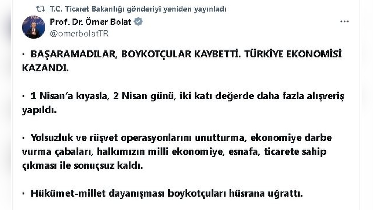 Bakan Bolat, 2 Nisan'da Alışverişin İki Katına Çıktığını Açıkladı