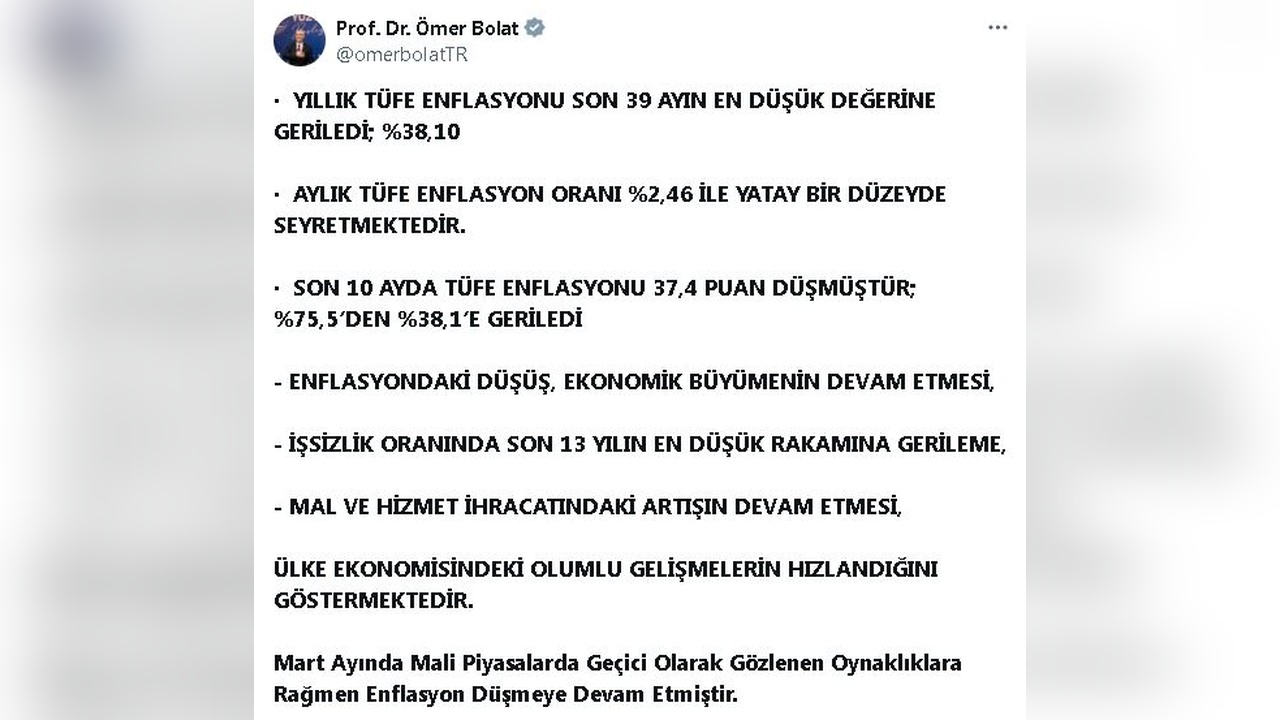 Enflasyonda Düşüş: Bakan Bolat Açıklamalarda Bulundu