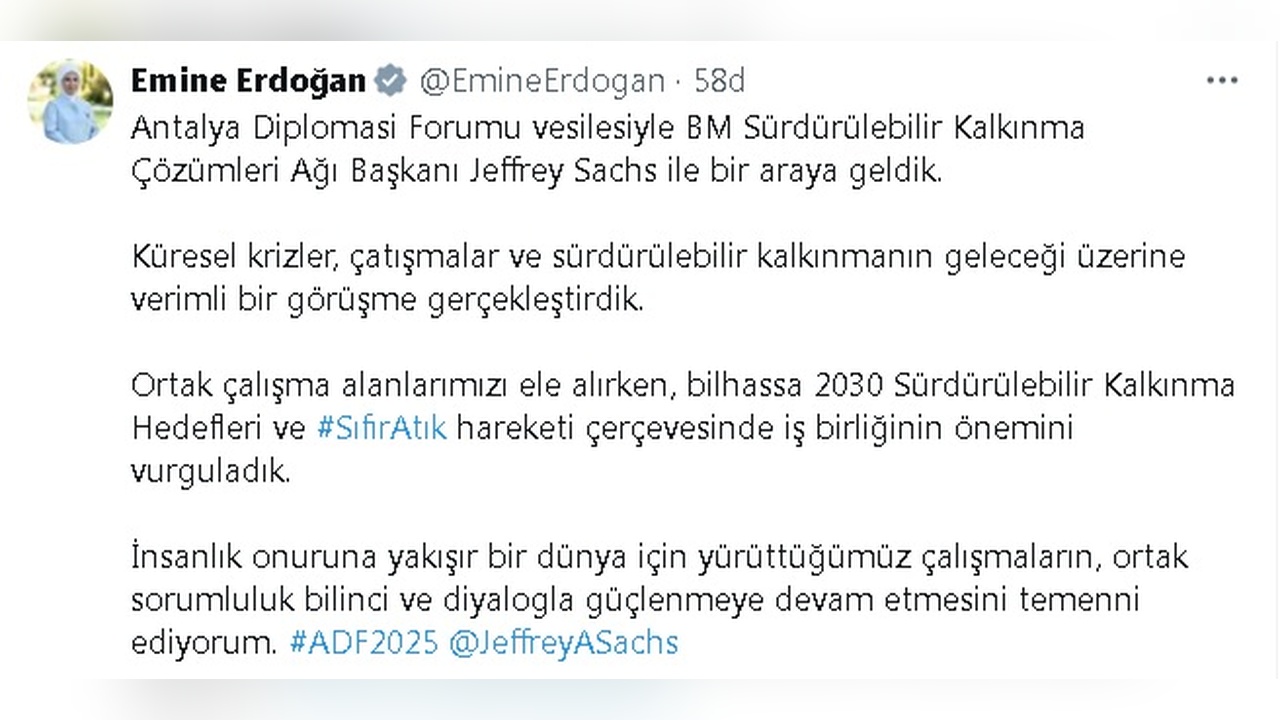 Emine Erdoğan ve Sachs'tan Sürdürülebilir Kalkınma Üzerine Görüşme