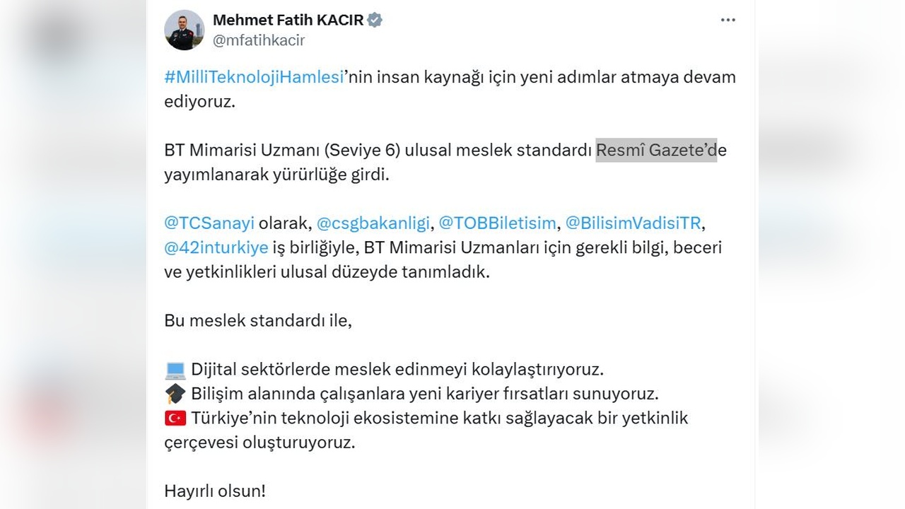 BT Mimarisi Uzmanı Meslek Standardı Resmi Gazete'de Yayınlandı