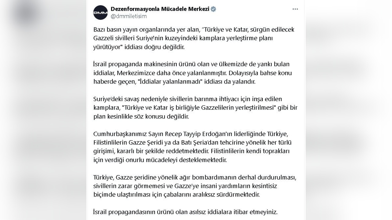 DMM, Gazzeli Sivillerin Suriye'ye Yerleştirileceği İddialarını Yalanladı