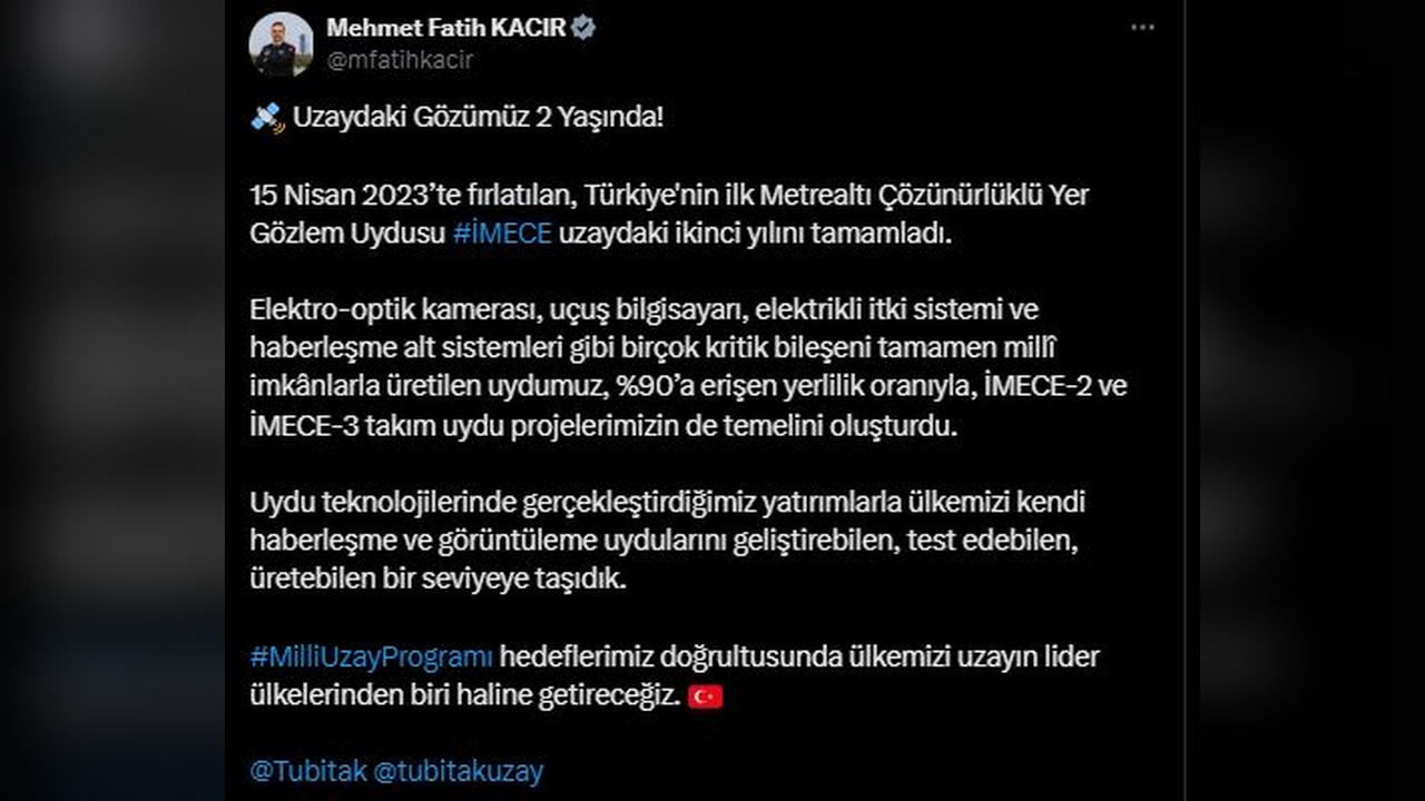 İMECE Uydusu İkinci Yılını Uzayda Tamamladı