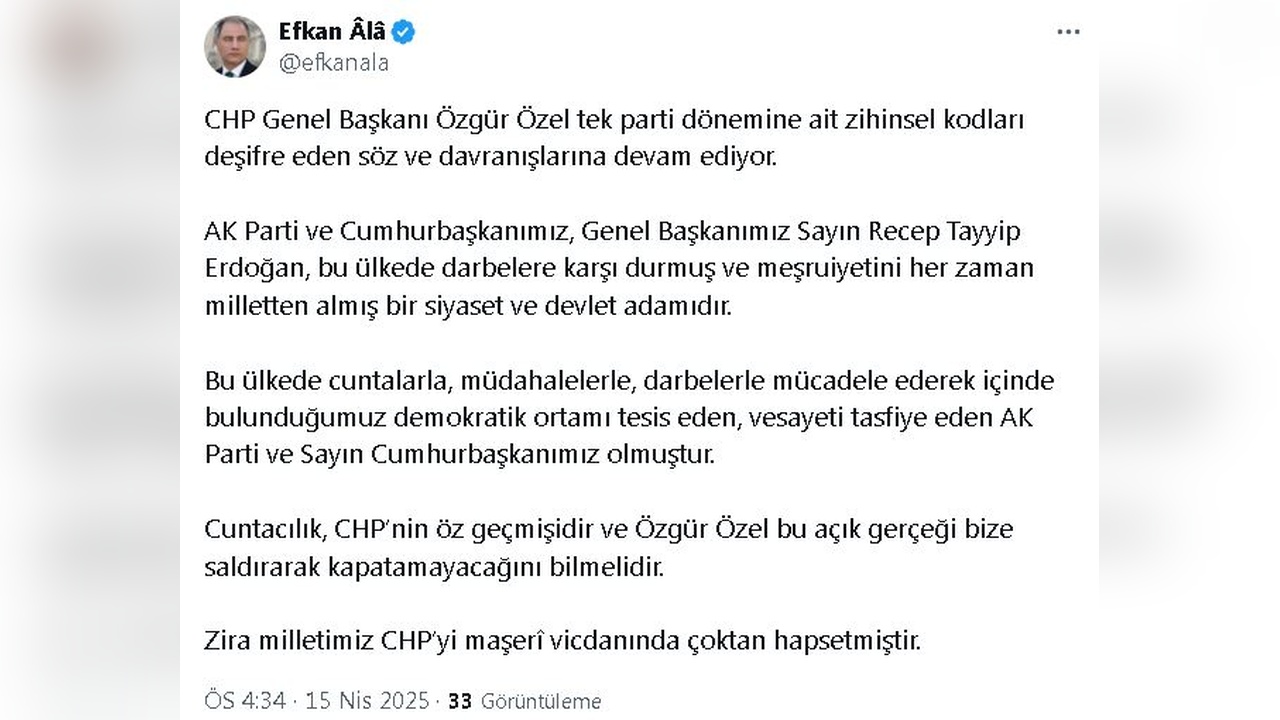AK Parti'li Ala'dan CHP'ye Sert Eleştiri: Cuntacılık Geçmişlerinin Temelinde
