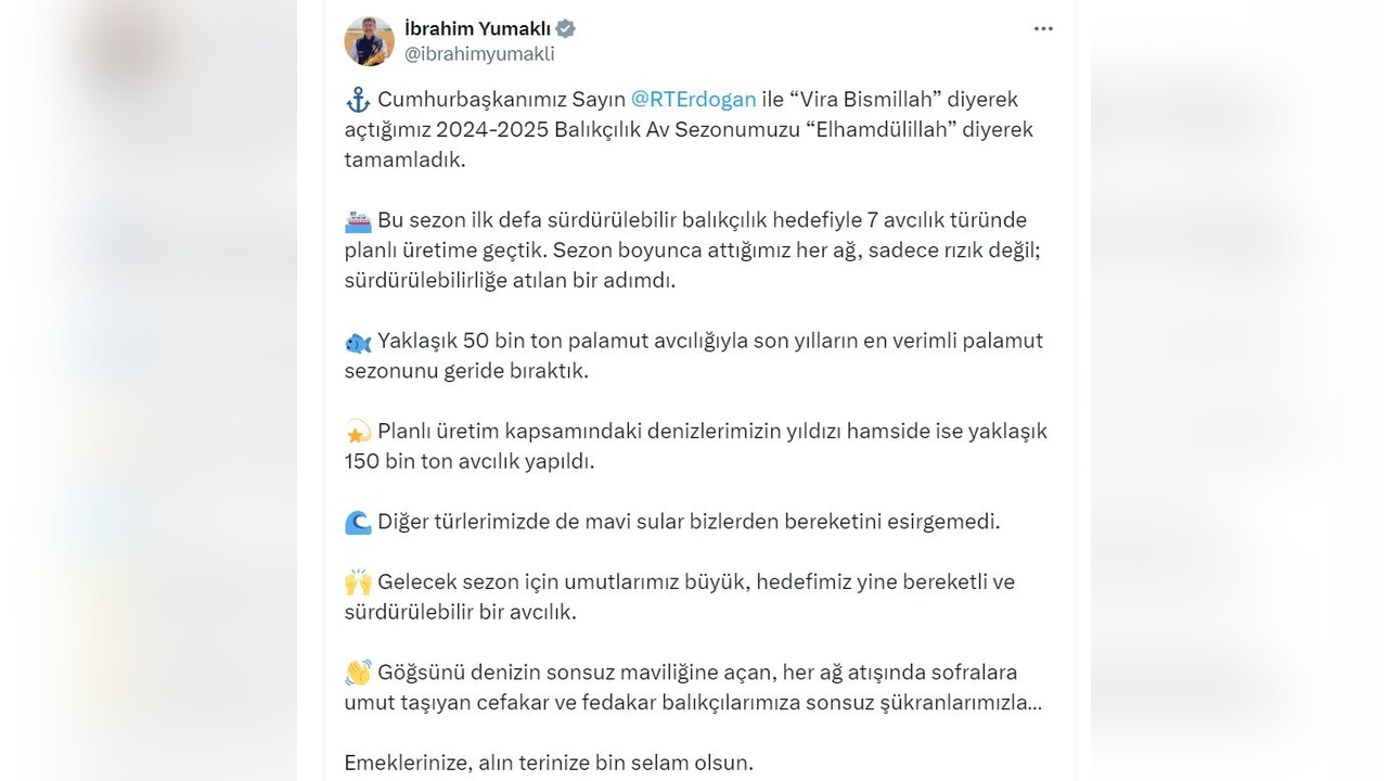 Bakan Yumaklı, Palamut Sezonunun Son Yılların En Verimlisi Olduğunu Açıkladı