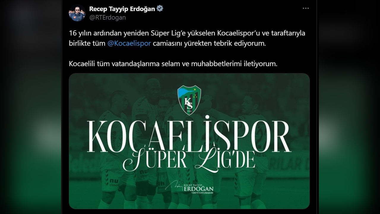 Cumhurbaşkanı Erdoğan, Kocaelispor’u Başarılarından Dolayı Tebrik Etti