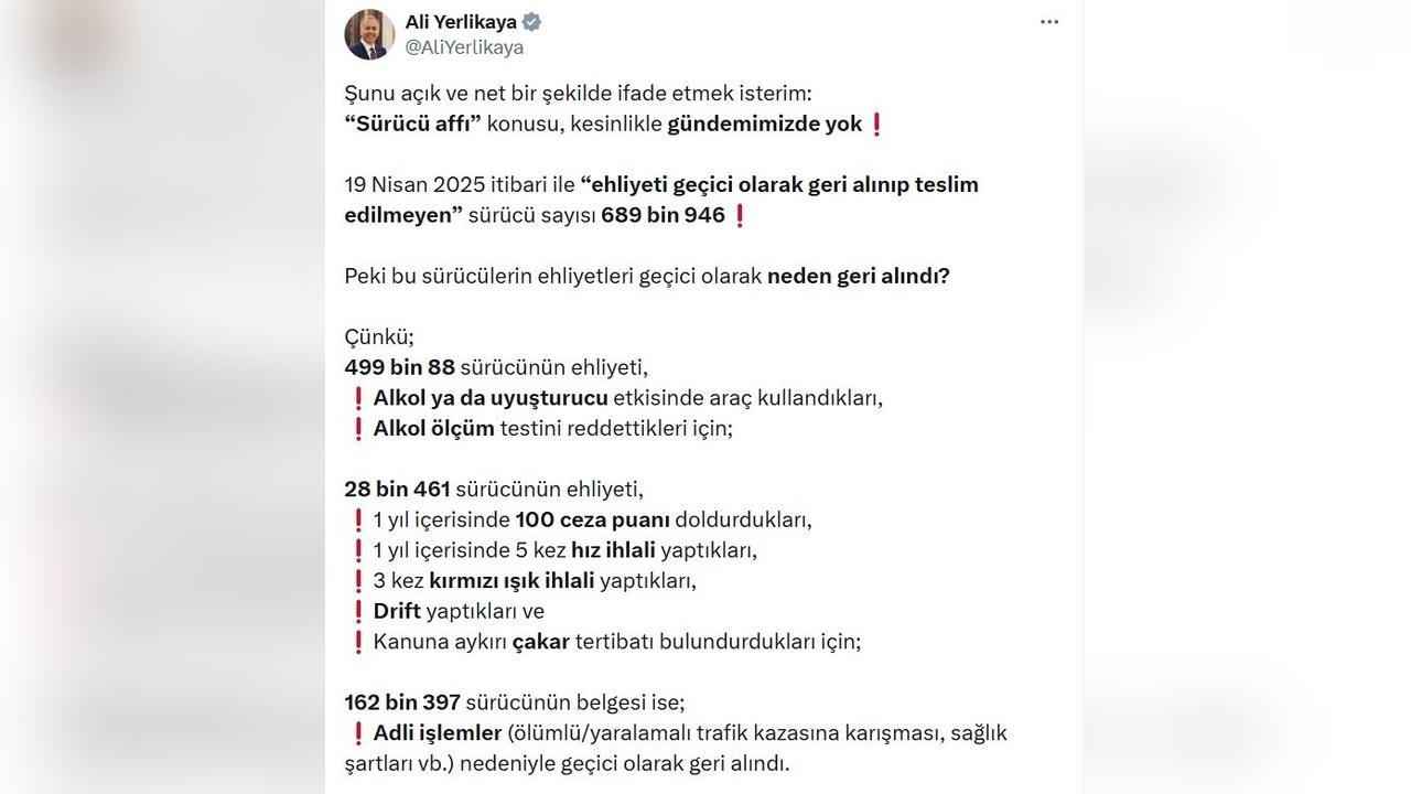 Bakan Yerlikaya: Sürücü Affı Gündemde Değil