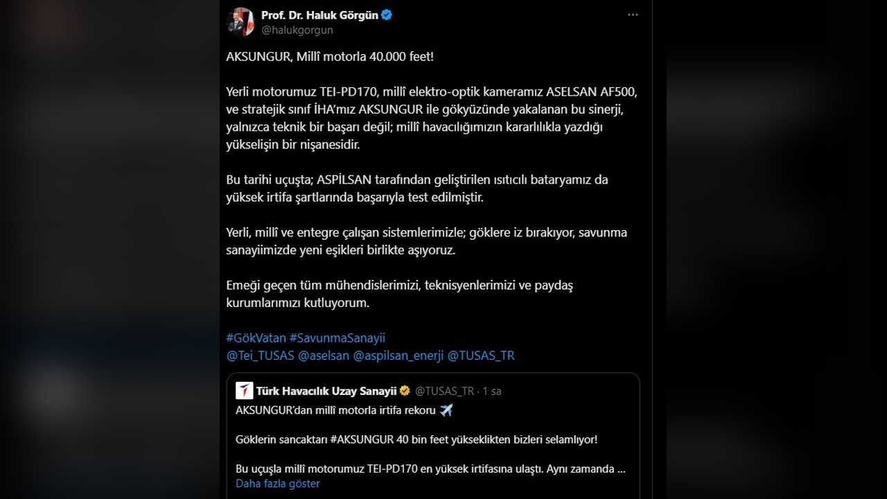 Milli İHA AKSUNGUR Irtifa Rekoru Kırdı