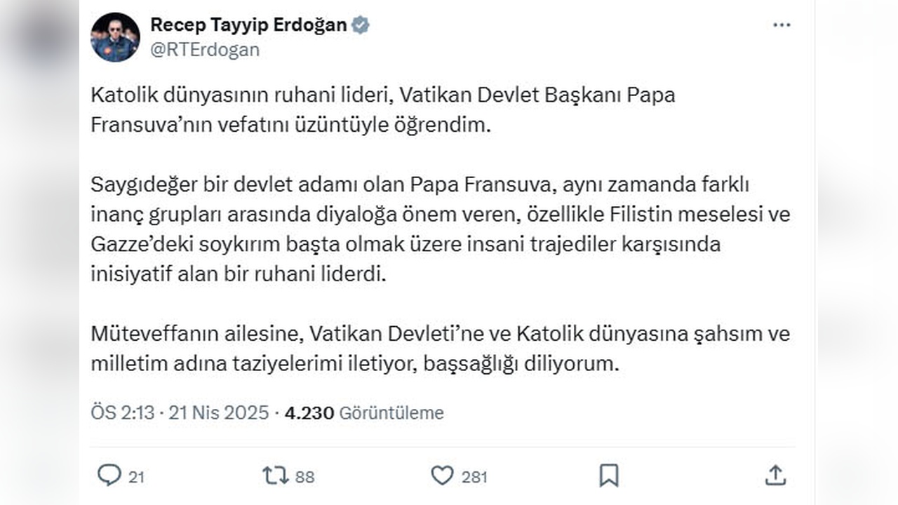 Cumhurbaşkanı Erdoğan'dan Papa Fransuva'ya Taziye Mesajı