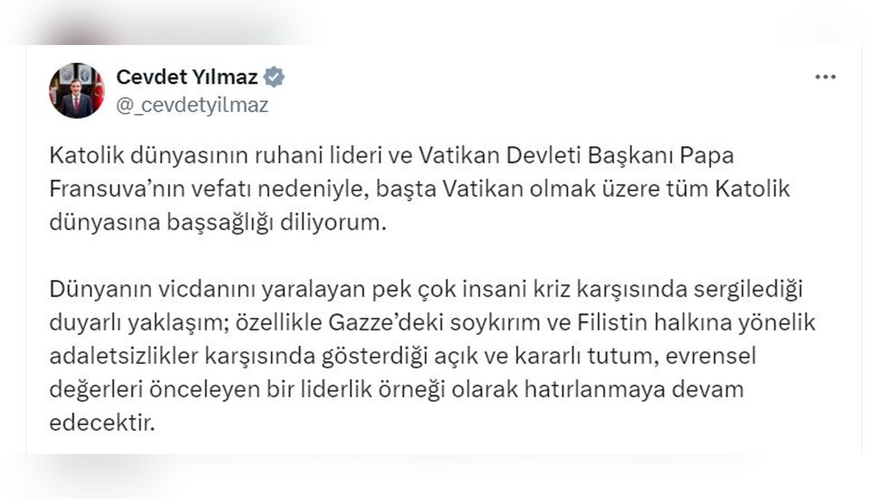 Cevdet Yılmaz, Papa Fransuva'ya Taziye Mesajı Gönderdi