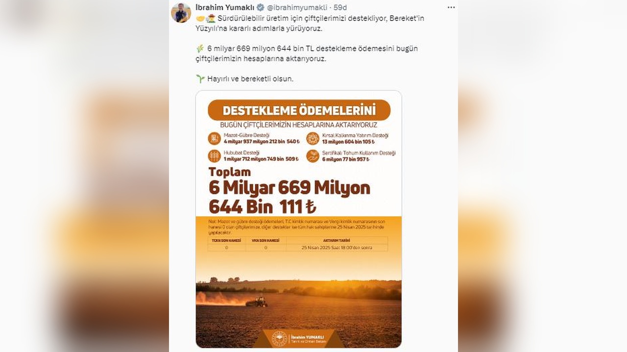 Tarım Bakanı Yumaklı: 6,6 Milyar TL'lik Destek Ödemeleri Bugün Hesaplara Yatırılacak