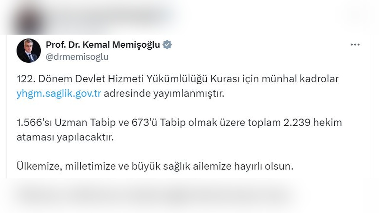 Sağlık Bakanı Memişoğlu, 2 bin 239 Hekim Atamasını Duyurdu