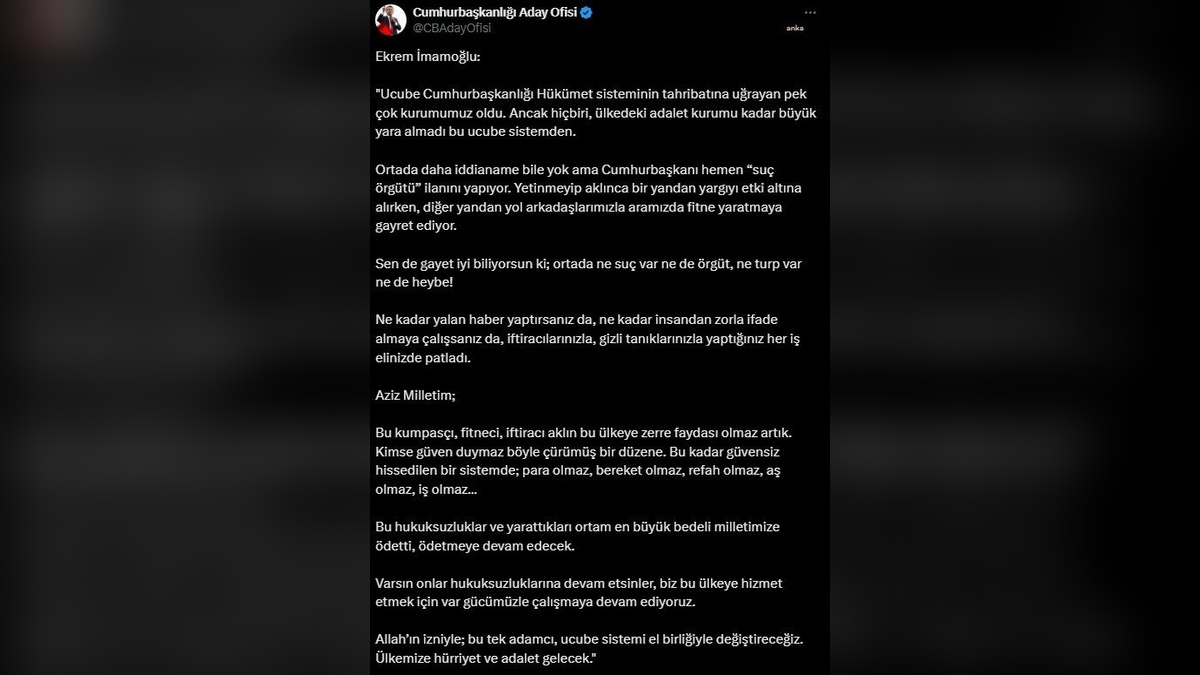 İmamoğlu: 'Ucube sistemin tahribatı adalet kurumunda en büyük yarayı açtı'
