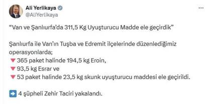 İçişleri Bakanı Yerlikaya: Şanlıurfa ve Van'da uyuşturucu operasyonu, 200 kilograma yakın eroin ele geçirildi