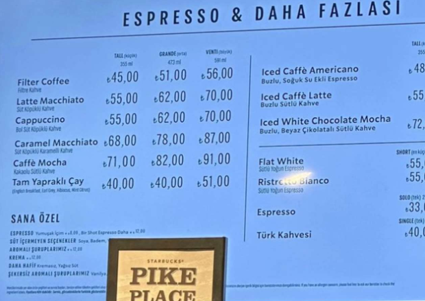 starbucks fiyatlaroı