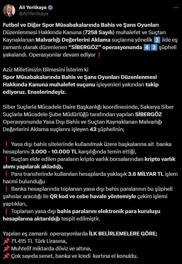 yerlikaya tweet
