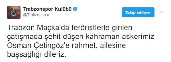Trabzonspor’dan şehit asker için başsağlığı mesajı Trabzonspor’dan şehit asker için başsağlığı mesajı
